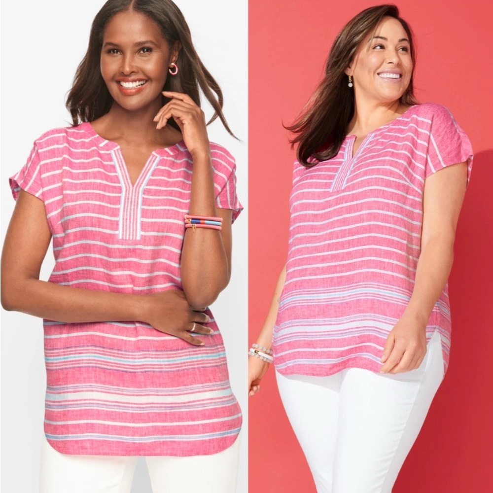 TALBOTS Linen Popover Top Pink Boardwalk Stripe Women Plus 1X Resort Beach